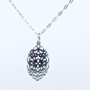 Estate Sterling Silver Filigree Pendant Necklace, 24” Oval Link Chain, Italy, 4.